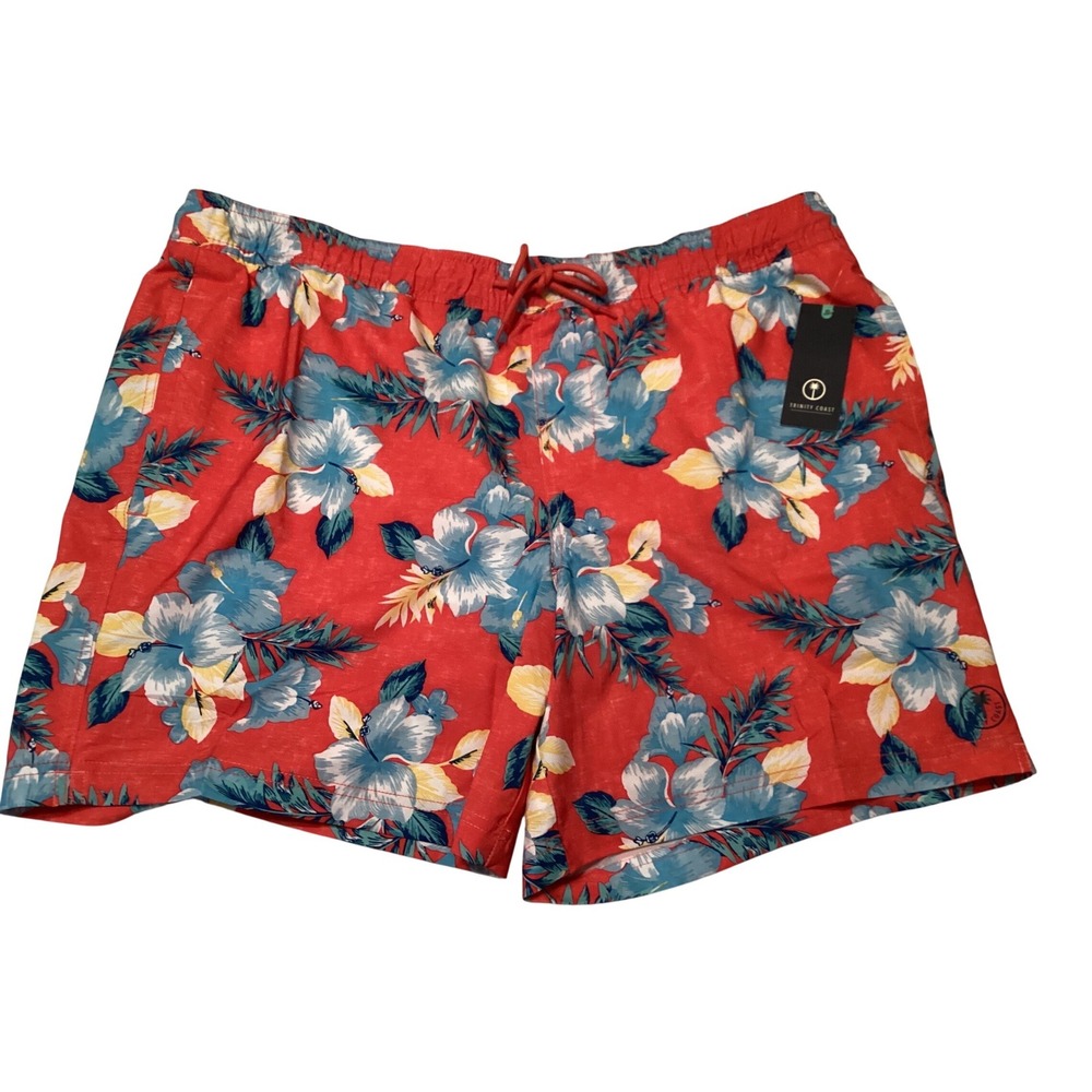 Trinity Coast Mens 2XL Swim Trunks Red Tropical Floral 7 Inch Inseam NWT UPF 50